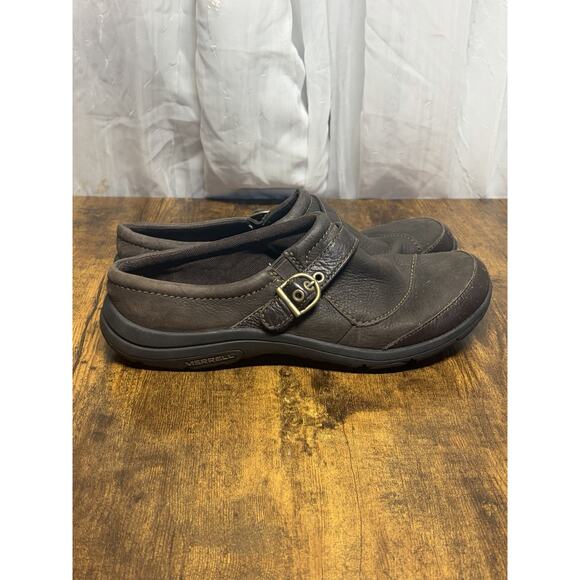 MERRELL Dassie Buckle Slip On Shoes Leather Womens 8.5 Espresso Brown Clogs - Picture 2 of 13